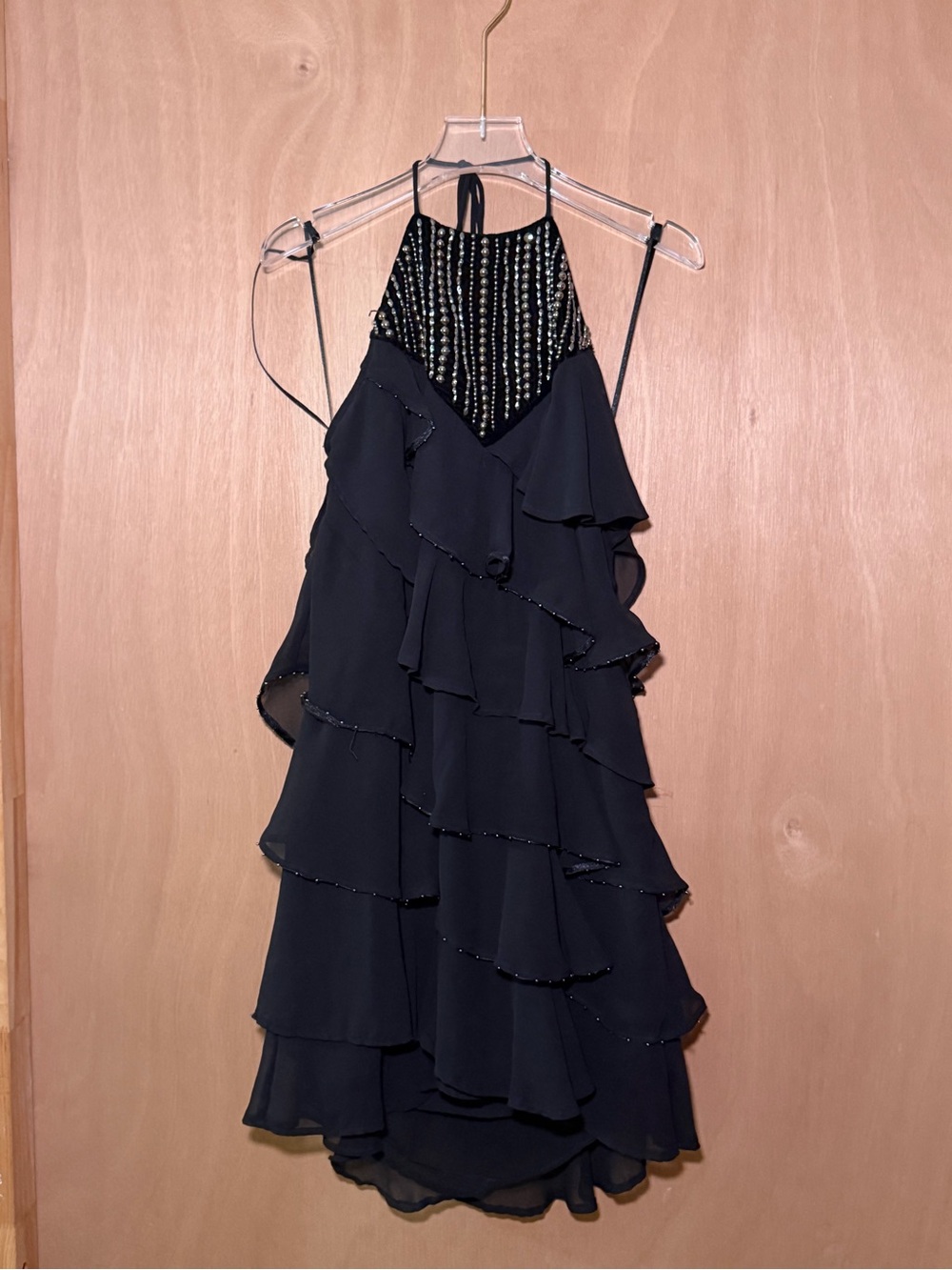 Zara Black Beaded Tiered Ruffle Halter Dress